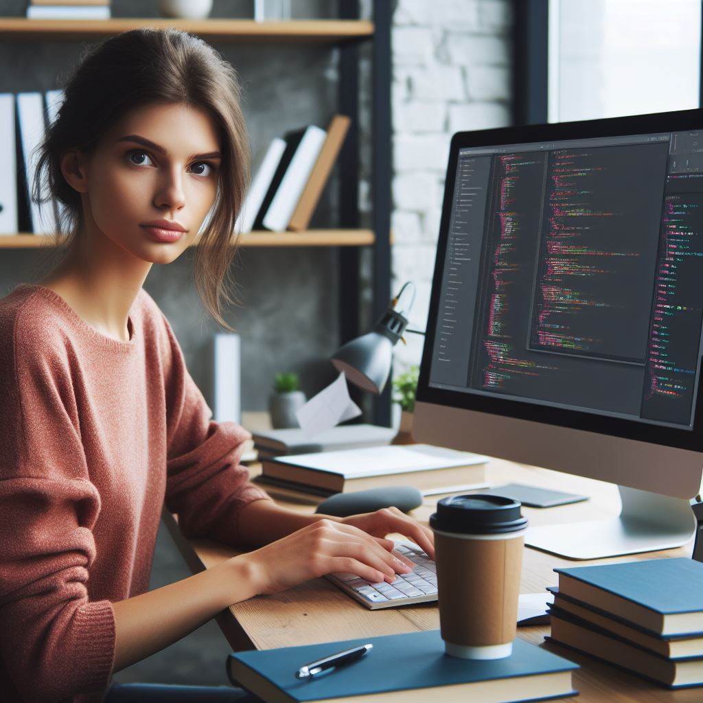 Generate an image of a young woman sitting at a computer desk, surrounded by books and computer screens displaying coding tutorials and AI concepts. She has a focused expression