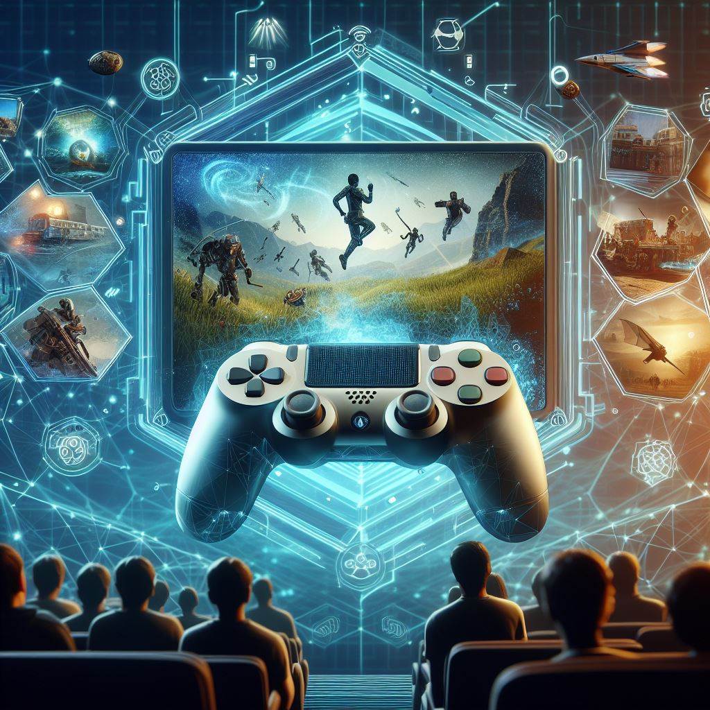 The image could feature a futuristic gaming console surrounded by virtual elements, symbolizing the integration of AI into gaming. Within the console's screen, various scenes from popular games could be depicted, showcasing the diverse ways AI is impacting gaming experiences. Additionally, silhouettes of gamers could be seen in the background, immersed in the virtual worlds created by AI.